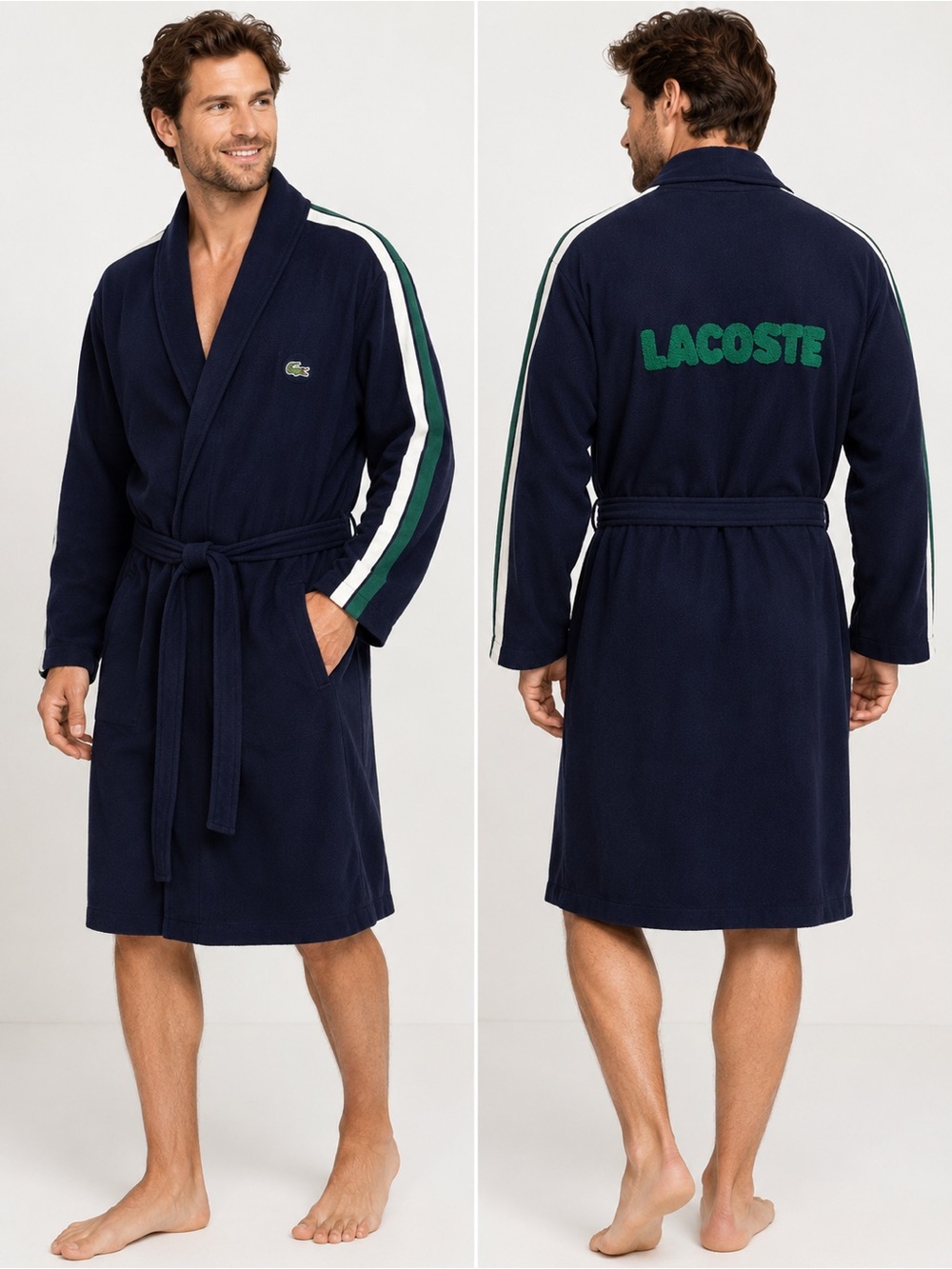 Lacoste Men’s XL Navy Cotton Lounge Robe Belted Logo Bathrobe $110 NWT
